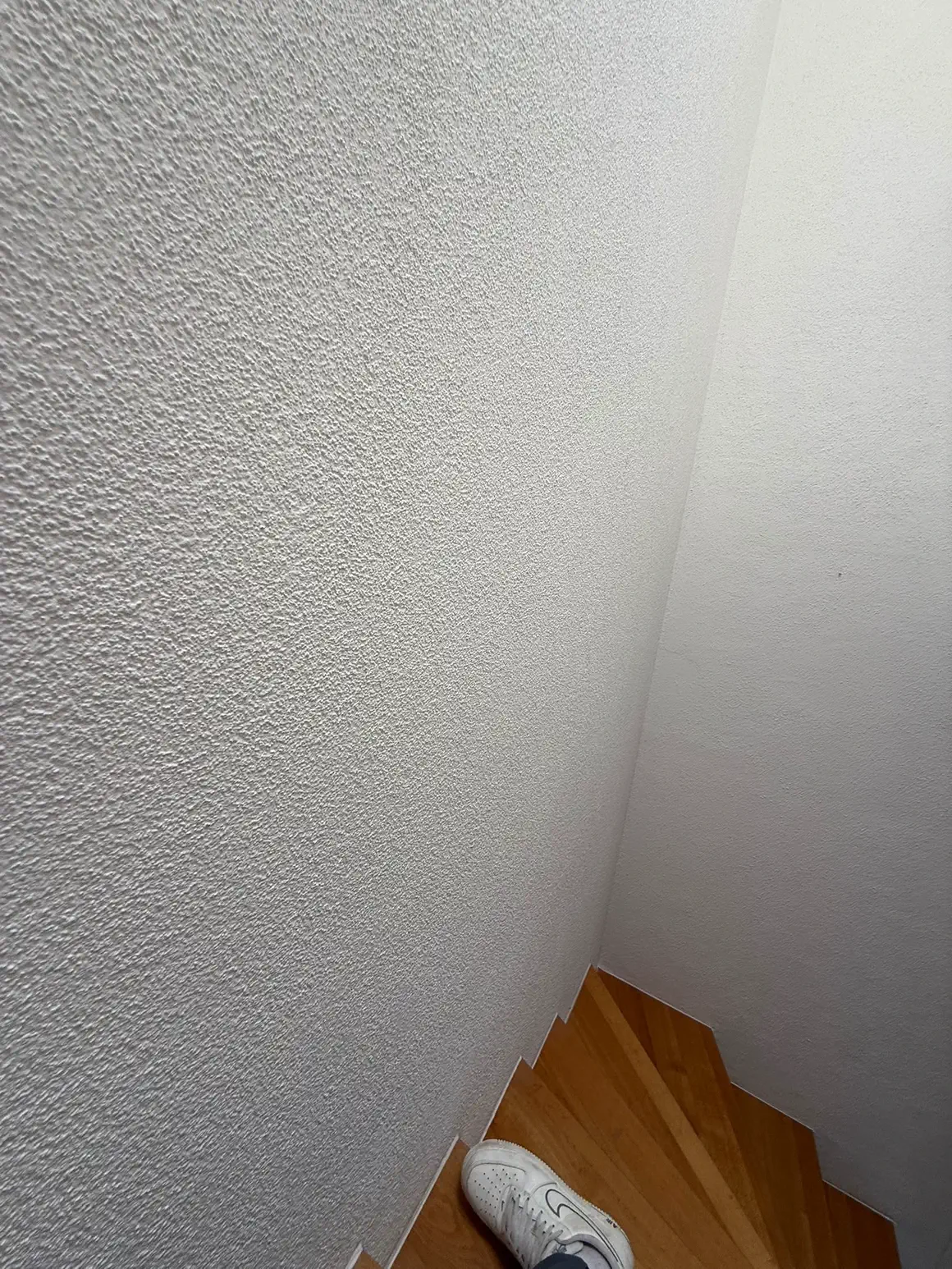 Treppenhauswand mit überzogenem Abriebputz vor dem Deckanstrich